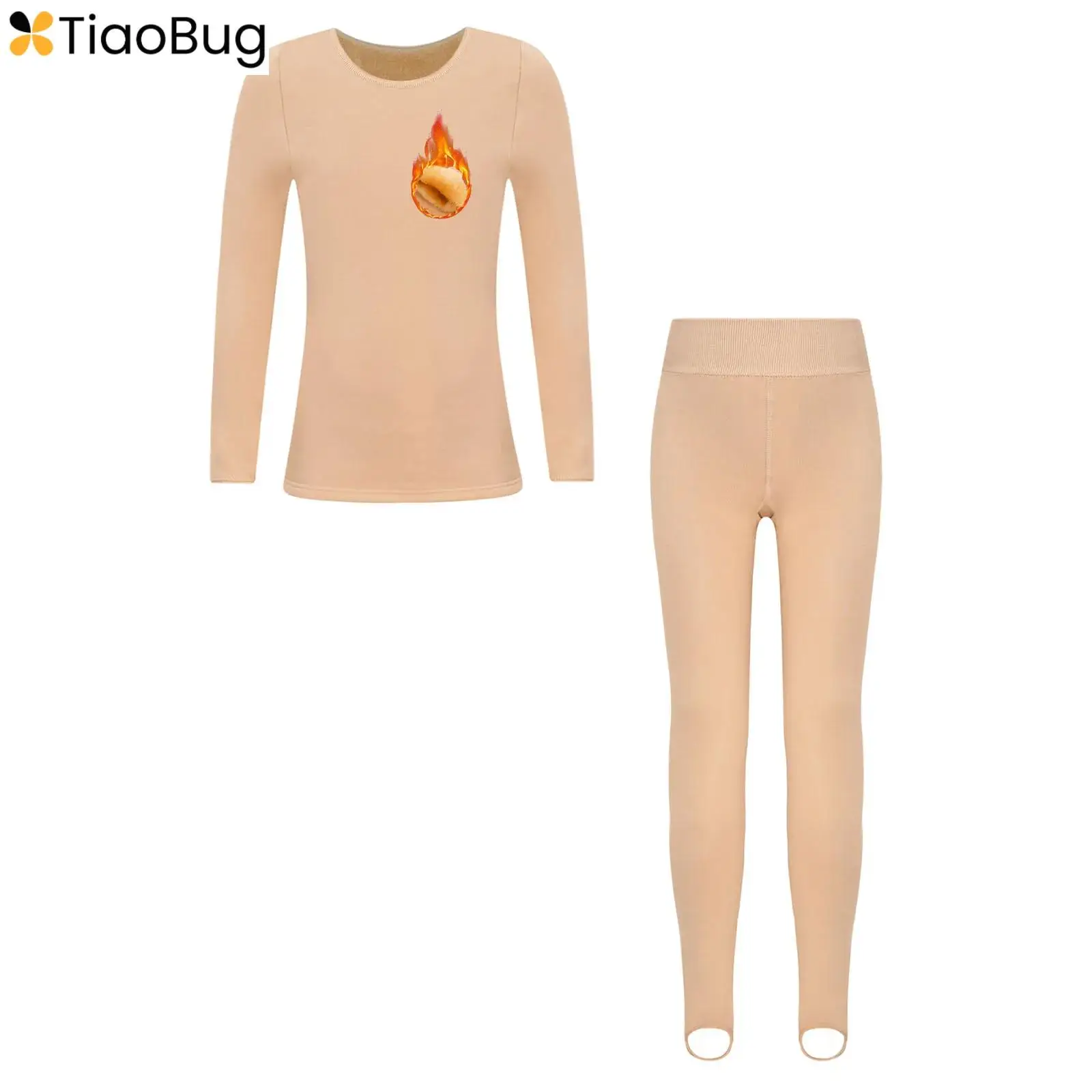 

Kids Girls Thermal Underwear Set Long Sleeve Fleece-Lined Solid Color Tops+Leggings Set for Ballet Gymnastics Training Dancewear