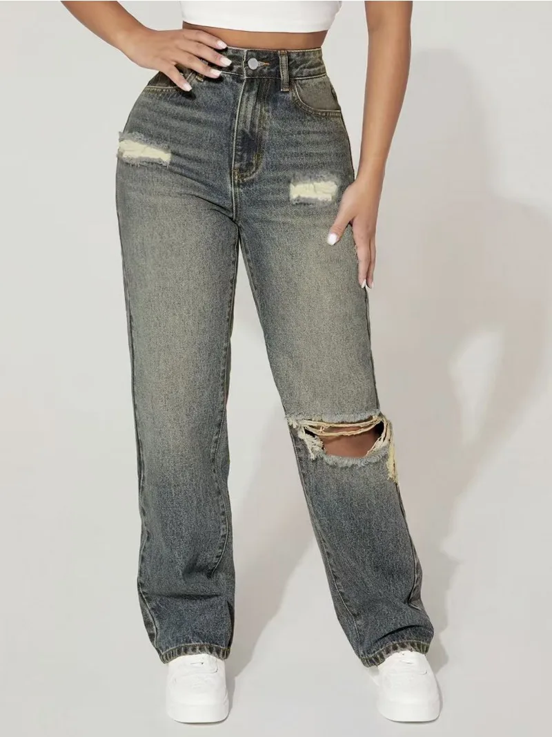 

Y2K High Waist Ripped Wide Leg Jeans Women Vintage Washed Distressed Frayed Hem Denim Pants Streetwear Baggy Straight Fit