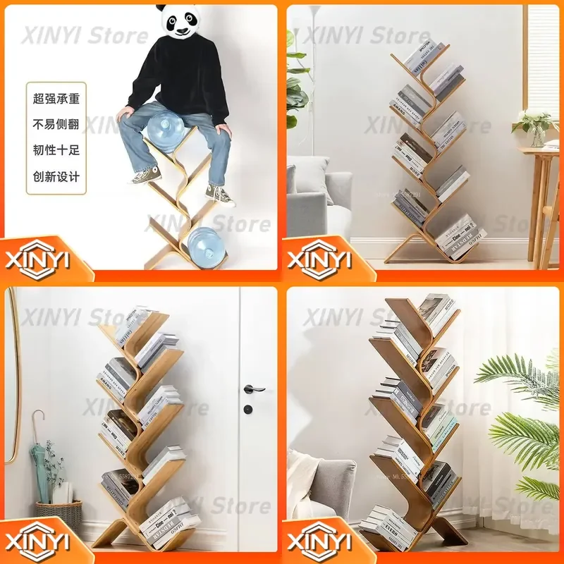Tree-Shaped Wood Bookshelf for Student Minimalist Floor Multi-Layer Storage Narrow Bookcase Wall Bookshelves Solid and