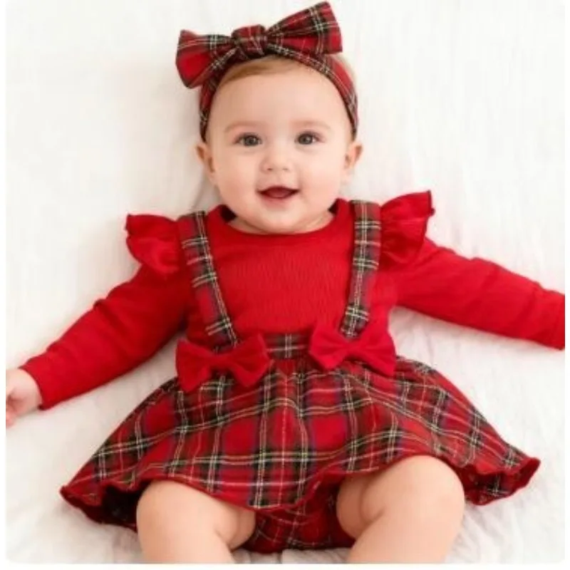 

2Pcs Newborn Baby Girl Christmas Clothes Infant Red Plaid Romper Dress Ruffle Long Sleeve Ribbed Bodysuit Headband Set bebe