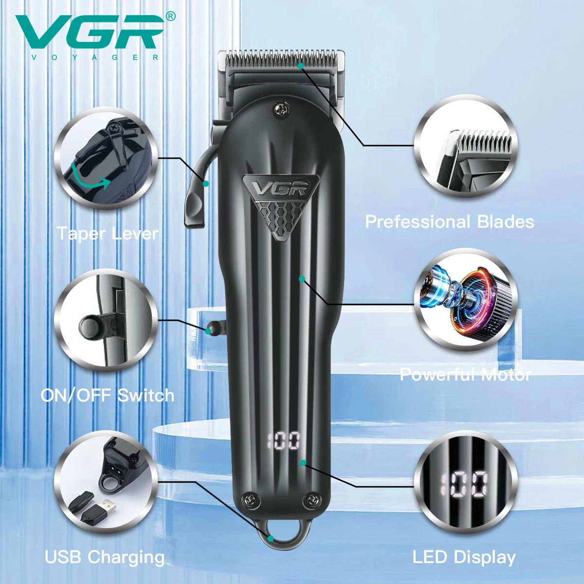 VGR Hair Clipper Professional Hair Cutting Machine Rechargeable Barber Hair Trimmer Cordless Haircut Clipper for Men V-282 V-982