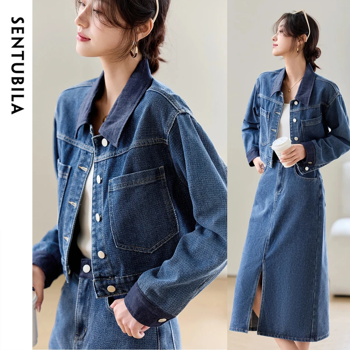 

SENTUBILA Denim Dress Sets Cotton Elegant Straight Long Sleeves Women's Two Pieces Set Autumn 2025 New Clothing Ladies W51Z87901
