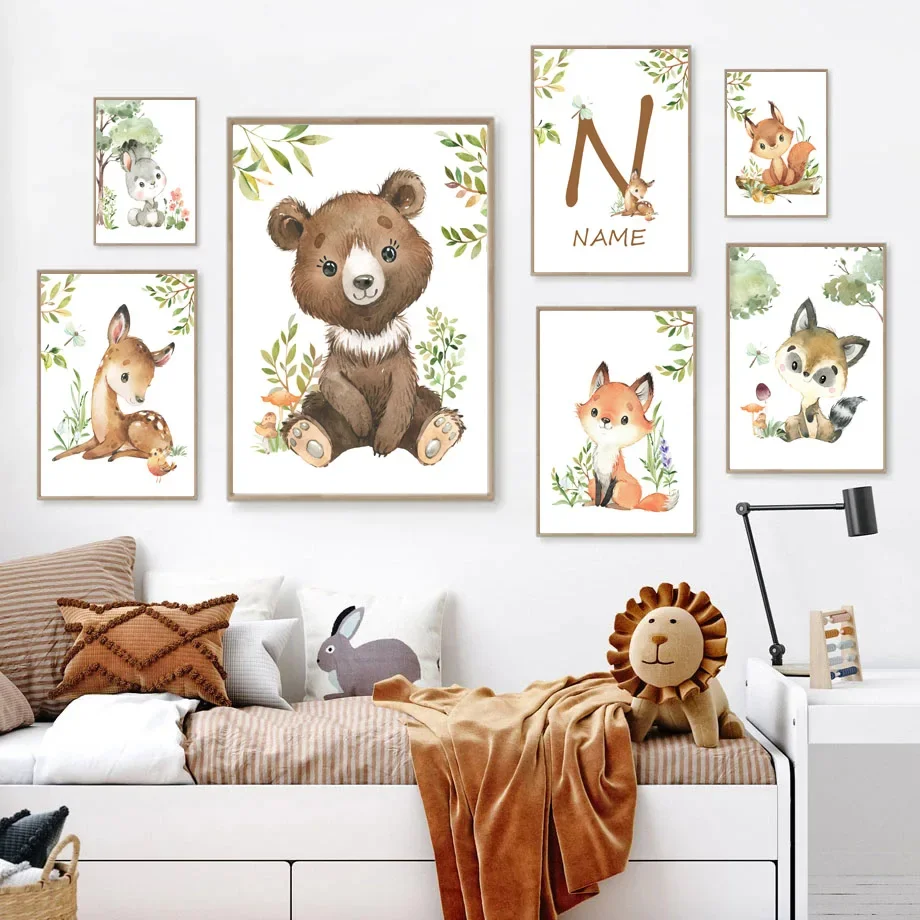 

Woodland Animals Fox Bear Rabbit Squirrel Baby Name Custom Art Canvas Painting Posters Prints Wall Pictures For Kids Room Decor