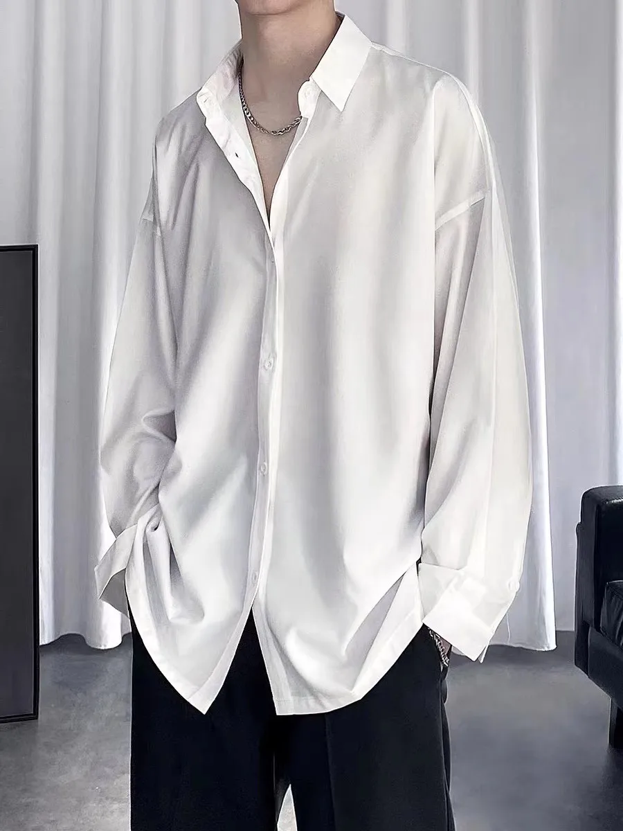 

Ice Silk Long Sve irt Men's Loose Fit Spring Autumn Vintage Drape No Ironing Required Korean Sle Stand Edition