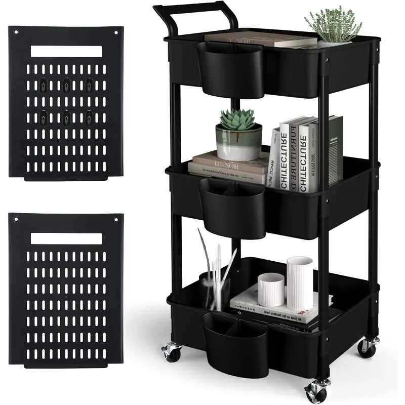 3-Tier Utility Rolling Cart,Mobile Utility Cart with Lockable Caster Wheels,Storage Shelves Organizer Cart, 3 Hanging