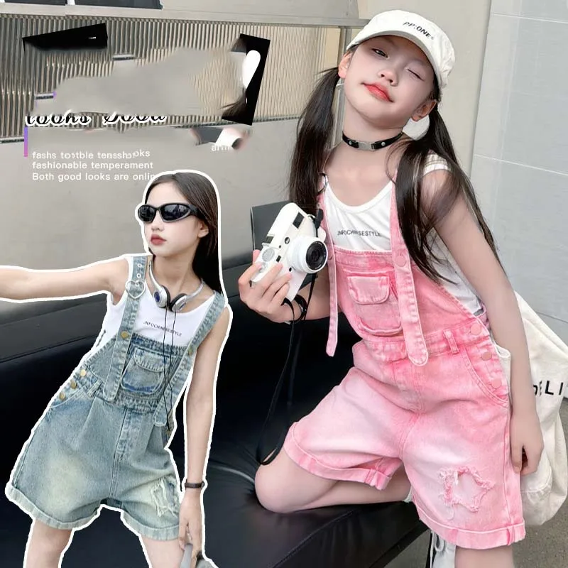 2024 Summer Girl Children's Top And Bottom Clothes Set Junior Girl Letter Sleeveless Tops+Denim Suspender Shorts Sets For Girls