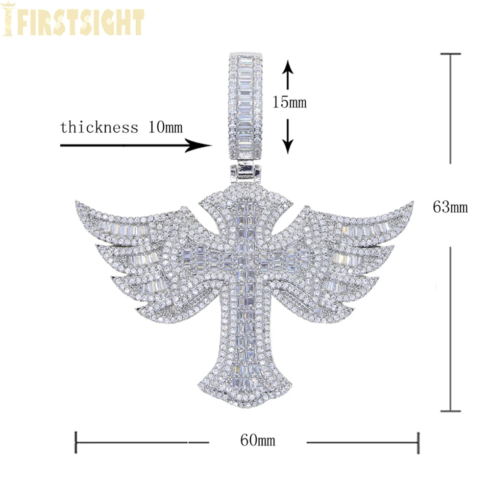 New Iced Out Cross Angel Wing Necklace for Men Women Prong Setting Cubic Zirconia Silver Color Star Link Chain Hip Hop Jewelry