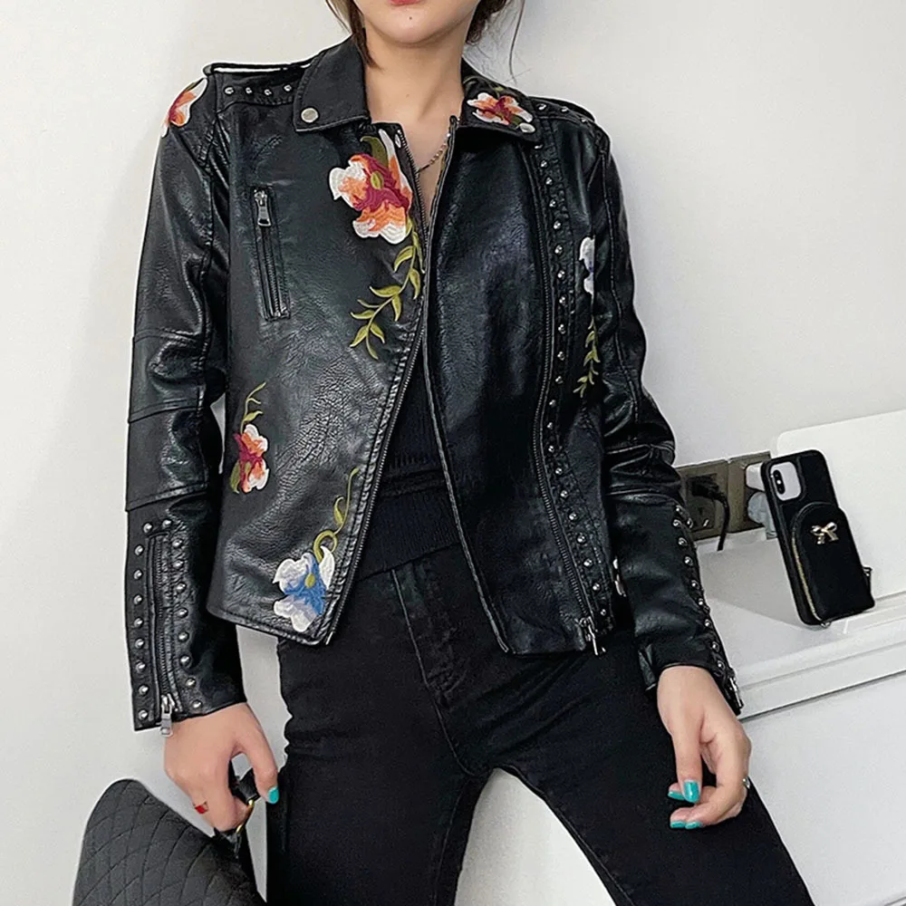 Korean Vintage Faux Leather Jacket Women Women Rivet Embroidered Biker Jacket Motorcycle Black Leather Ladies Short PU Jacket