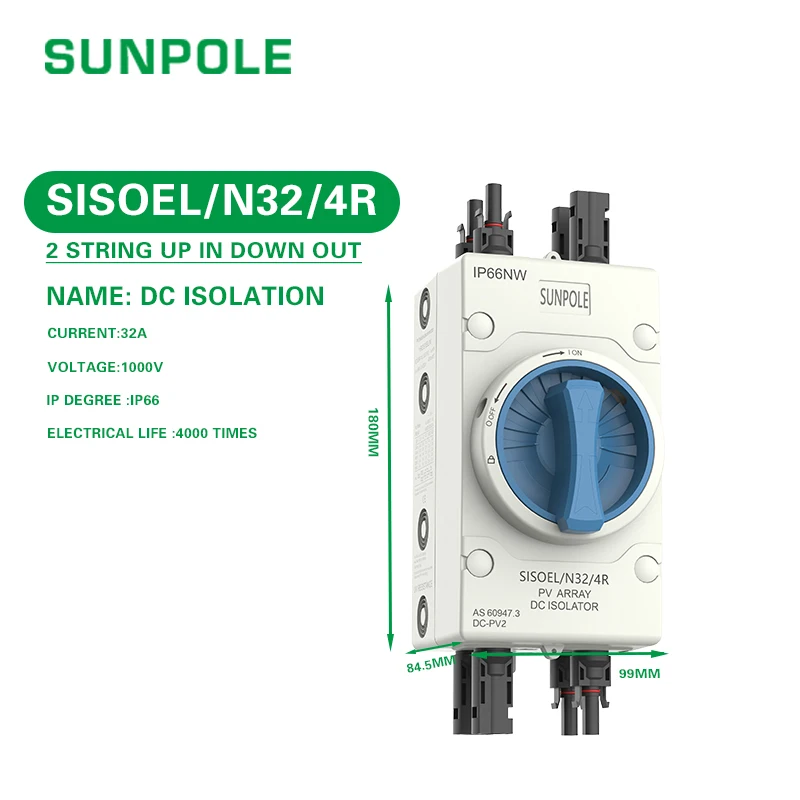 Photovoltaic Solar DC Isolation Switch PV DC Isolator Switch 1000V 32A Outdoor Waterproof IP66