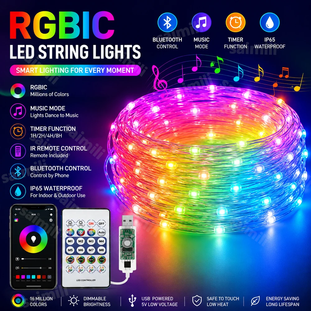 WS2812B RGBIC Wasserdichte LED-Lichterkette Bluetooth-App-Steuerung Traumfarben Musik-Synchronisation für Außenbereich, Zuhause, Feiertage, Partydekoration
