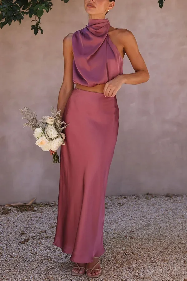 Vestido longo de verão feminino cetim sólido ajuste estilo casual vestido de escritório gola irregular sem mangas conjunto de vestido de duas peças