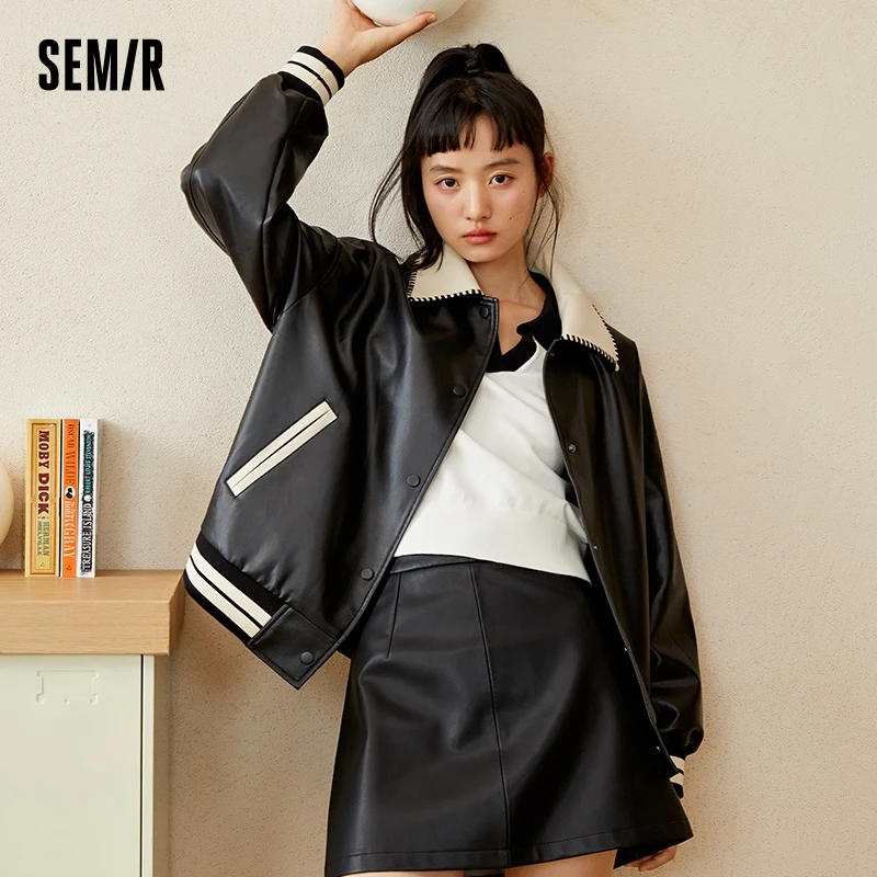 Semir Jacket Women Lapel Contrasted Color Temperament Autumn 2023 New Loose Trendy Chic PU Imitation Leather Jacket