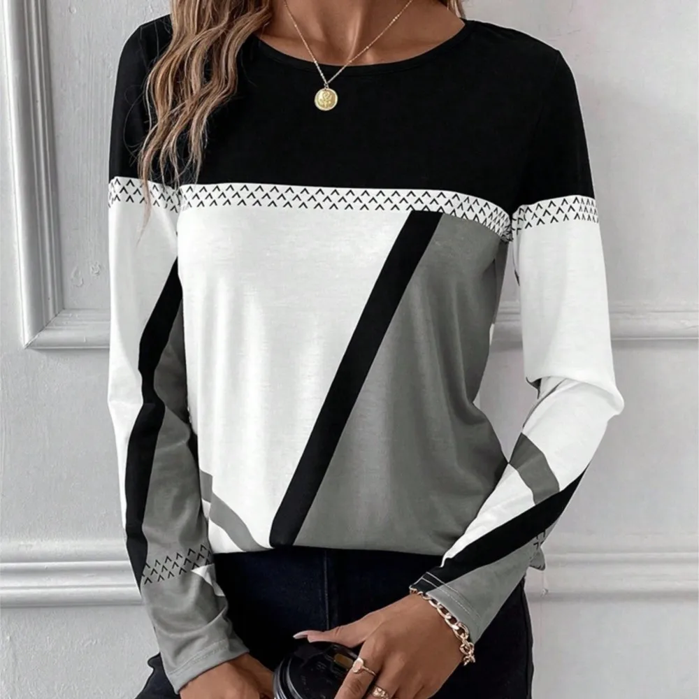 女性の幾何学的なプリントの長袖Tシャツ,スプライストップ,ラウンドネック,対照的な色,新しい,レジャー,2022