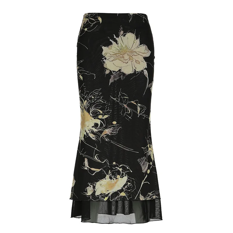 

Women‘s Fashion Goth Dark Y2K Aestheics Double Layer Mesh A-line Skirt Florals Print Slim Skirts Fairy Streetwear Gothic Clothes
