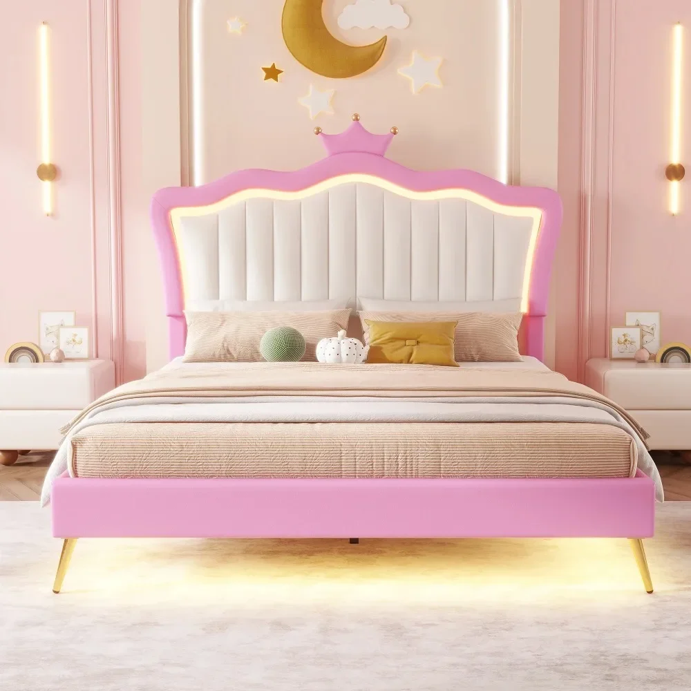 

Cute Girls Twin Beds with Wooden Slats Support, Full Size Upholstered LED Bed Frame, Princess Platform Bed with Crown Headboard