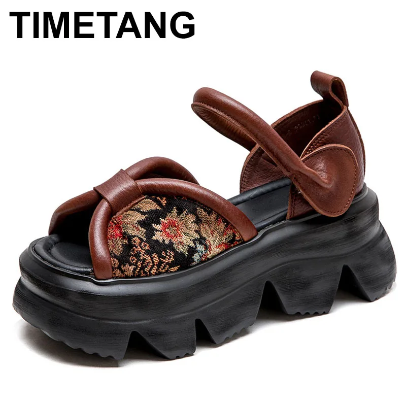 

New Ethnic Style Embroidery Spliced Genuine Leather Thick Sole Peep Toe Sandals Casual Women's Platform Shoes