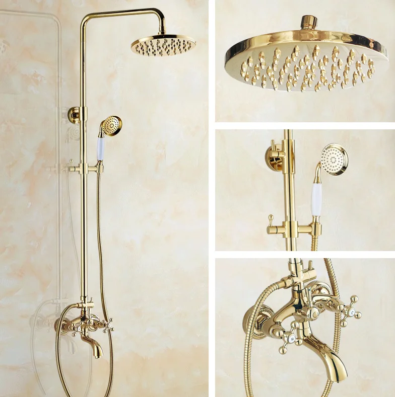 Golden Brass Bathroom Faucet Set Washroom Rainfall/Handheld Shower Faucets Kit Bath Tub Cold And Hot Water Mixer Taps Dgf452