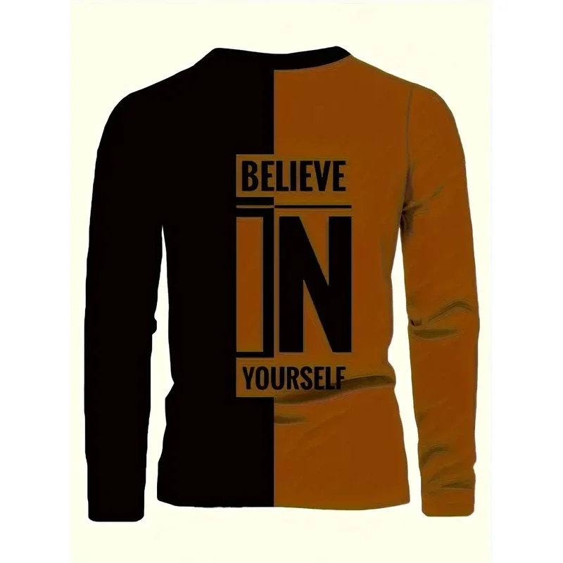 صدق بنفسك نمط طباعة الرجال ملابس طويلة الأكمام جولة الرقبة تي شيرت الرجال الشارع نمط الرياضة قمم مرونة متوسطة