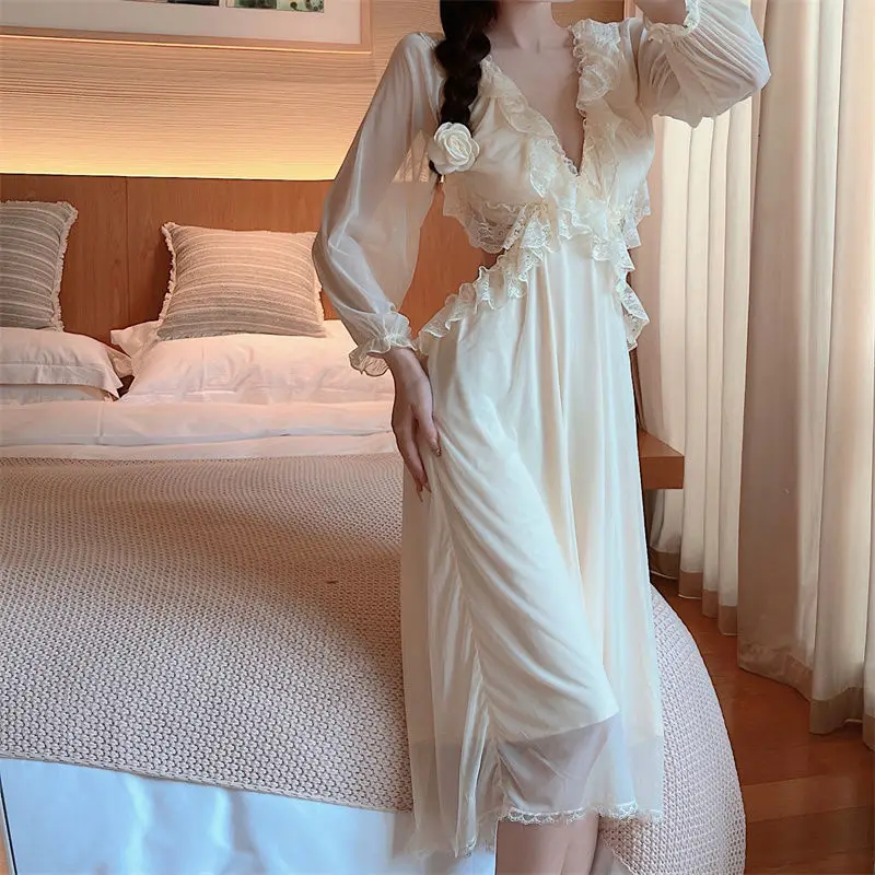 Sexy V-Neck Backless Long Nightgown Nightwear Perspective Lace Palace Style Princess Nightdress Summer Sleepwear Home Dress