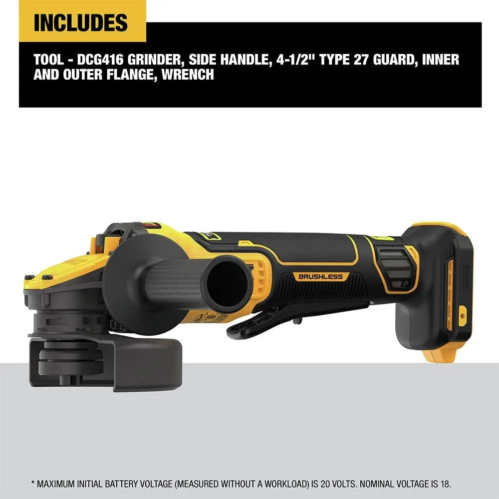 

DEWALT FLEXVOLT ADVANTAGE 20 В MAX* Угловая шлифовальная машина, лопастной переключатель, от 4 до 1/2 дюйма до 5 дюймов, только инструмент (DCG416B)