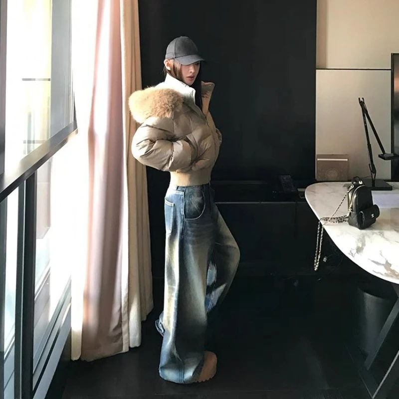 Women's Winter New High-end Thickened Warm Bread Coat Loose and Comfortable Retro Big Fur Collar Hooded Down Cotton Clothes