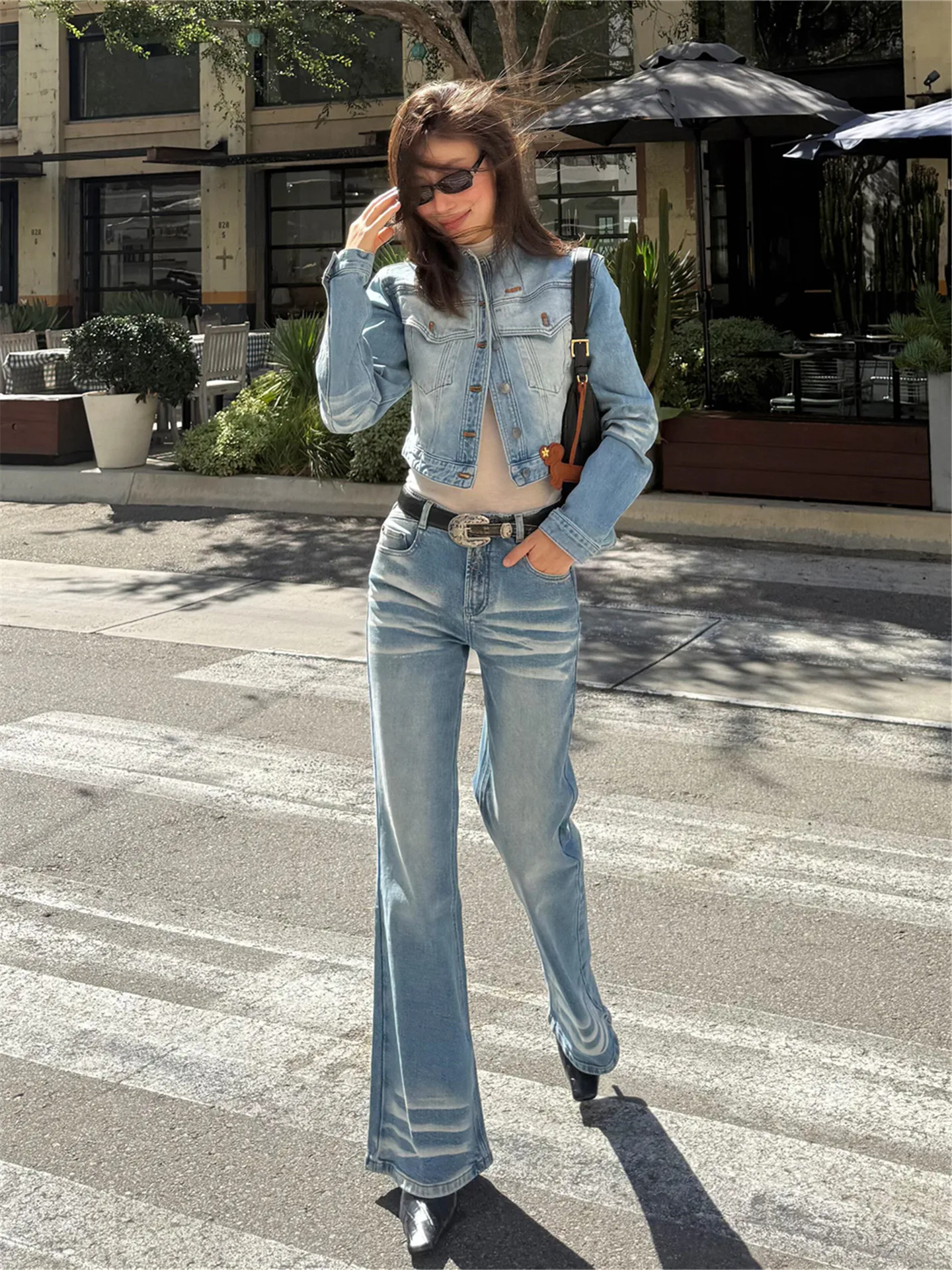 

Light Blue Low Waist Bell Bottom Jeans Women's Loose Slimming Washed Long Floor Length Pants Street Style Cotton Casual Spring