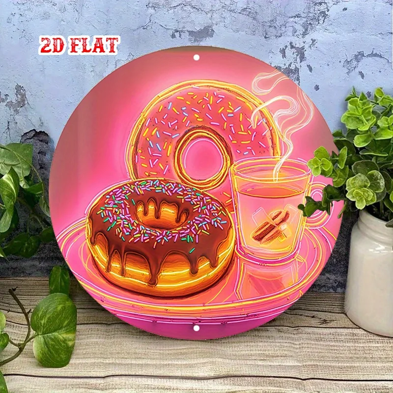 2D Flat, Neon Donut & Coffee Metal Wall Art - Glowing, Sprinkles, and Cappuccino Design, Year'S Celebrations, Bar Wall Decor