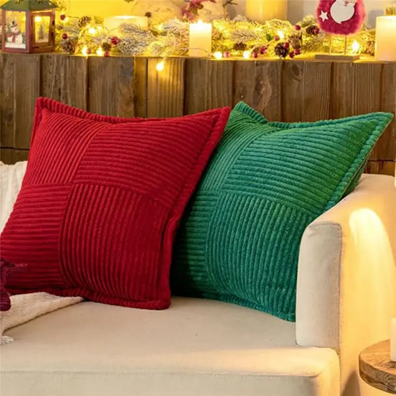 Corduroy Pillow Covers With Splicing Soft Couch Pillow Covers Broadside Striped Decorative Textured Throw Pillows Durable Green-