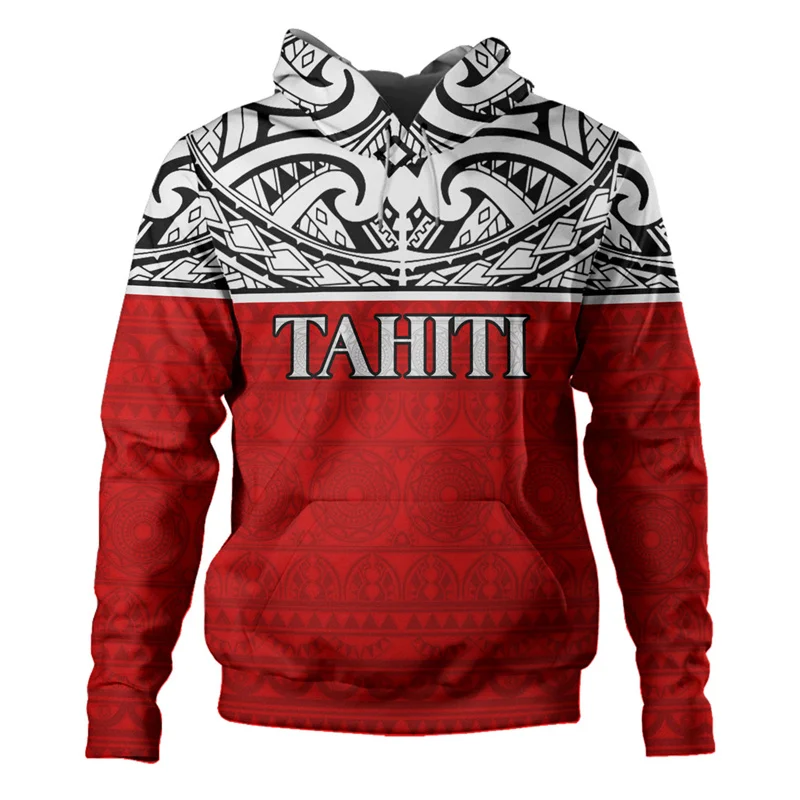 French Polynesia Tahiti Map Flag 3D Print Hoodies Tahiti Ethnic Tattoo Styles Graphic Hooded Sweatshirts Vintage Mens Pullovers