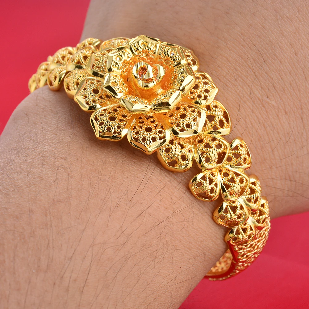 24K Gold Plated Flower Bangles for Women Round Loop Dubai Trendy Wedding Anniversary Gifts ﻿ ﻿