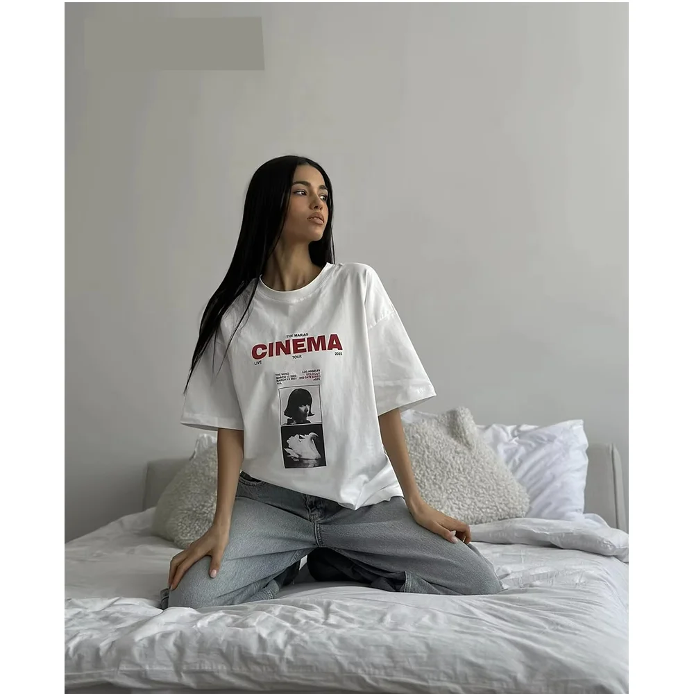 

Hirsionsan Cinema Letter Printed T-Shirt Women Summer Cotton Soft Short Sleeve Female Hight Street Styles Oversized Loose Tops