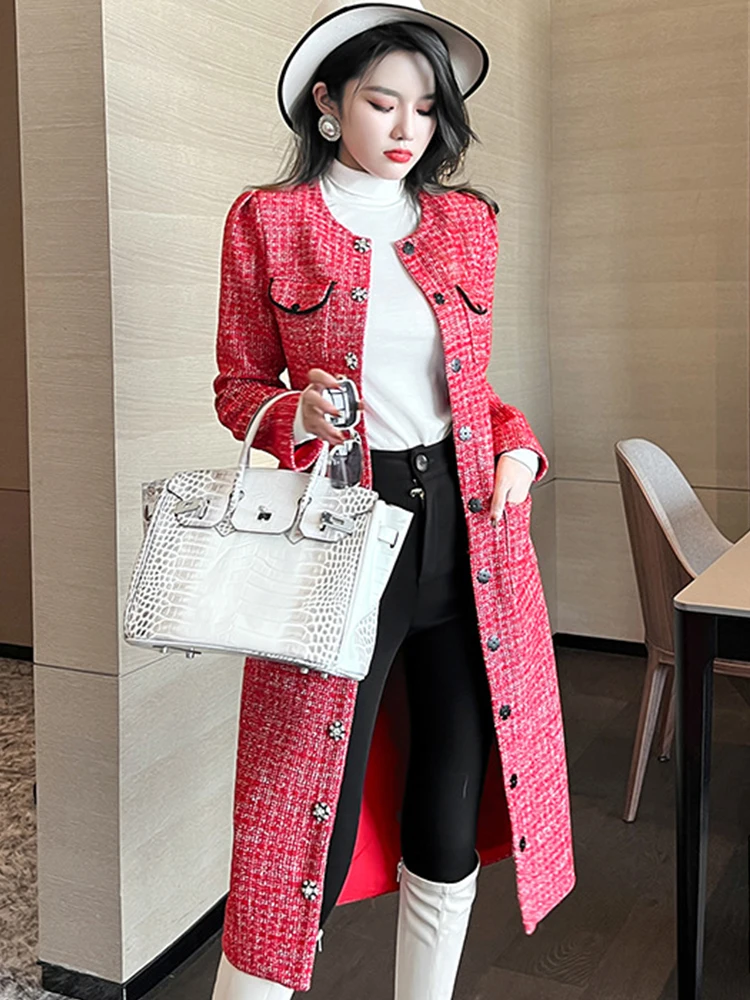 Chaqueta Midi de Tweed rojo elegante para mujer, abrigo ajustado de manga larga con cuello redondo y botonadura única, ropa de oficina y fiesta de