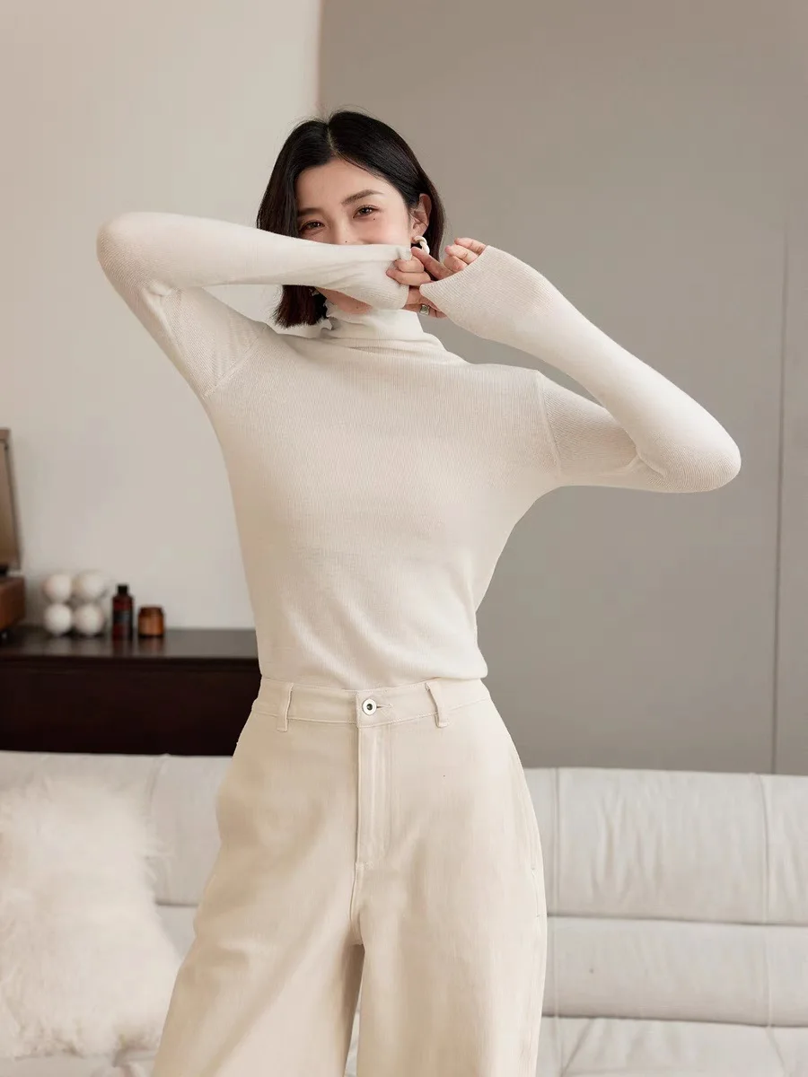 Birdtree 100% Sheep Wool Elegant Thin Style Base Sweater, Woman Autumn High Collar Full Sleeve Solid Color Knit Tops T58122JF