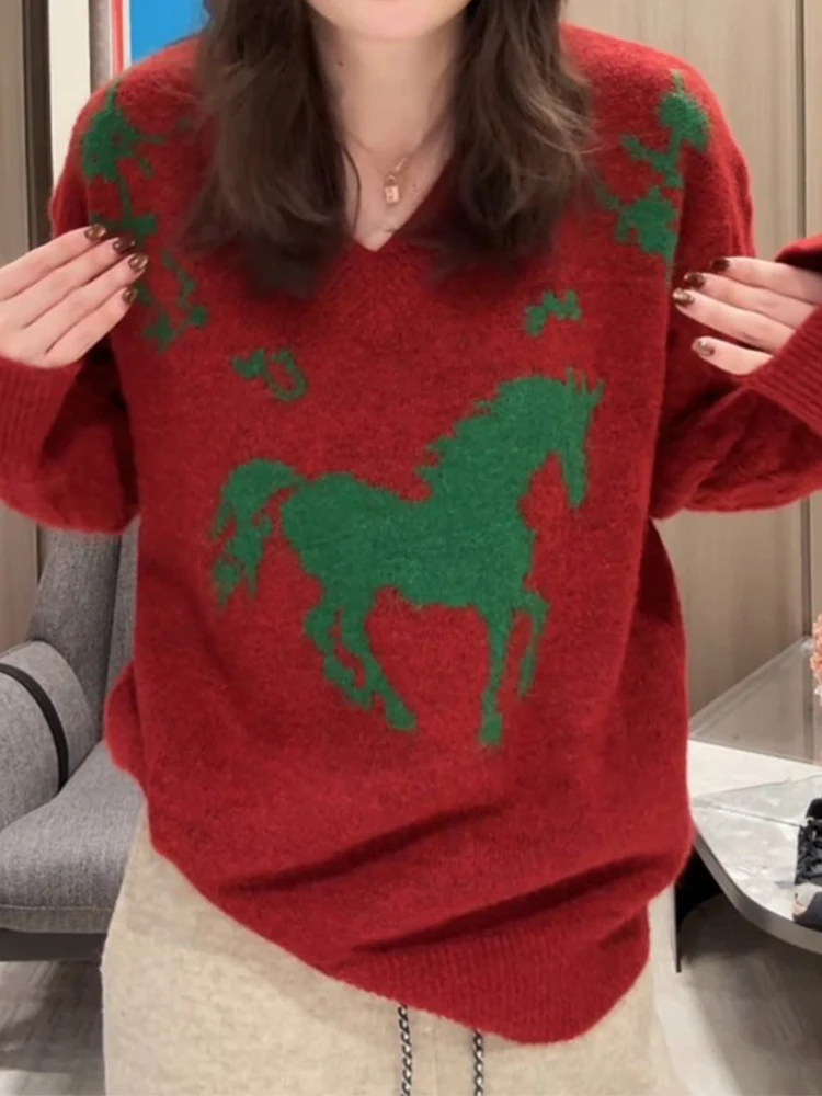 

Loose Fit V-Ne Sweater Women's Casual Sle Winter New een Print Top Trendy Slimming Faionable Online Exclusive