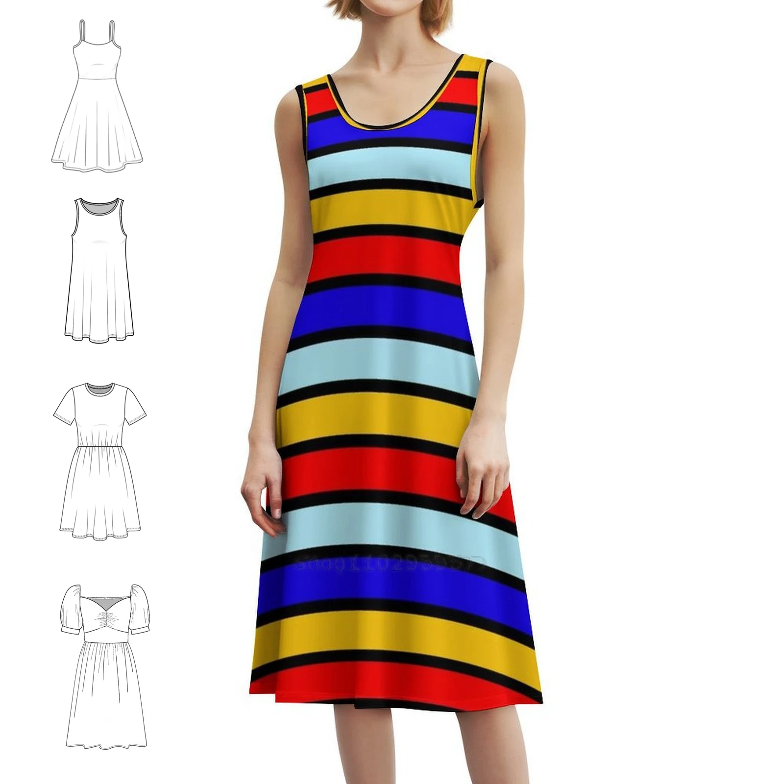 Red And Blue Contrast Yellow Stripes Preppy Style Mini Dress For Women A-Line Loose Fit Casual Day Dress Bright Red Blue Yellow