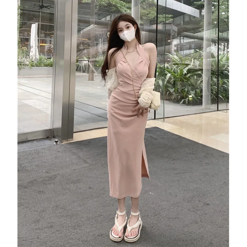 Female Spring New Pure Desire Halter Niche Off Shoulder Sexy Sling Temperament Solid Color Pleated Corset Fashion Tight Dress