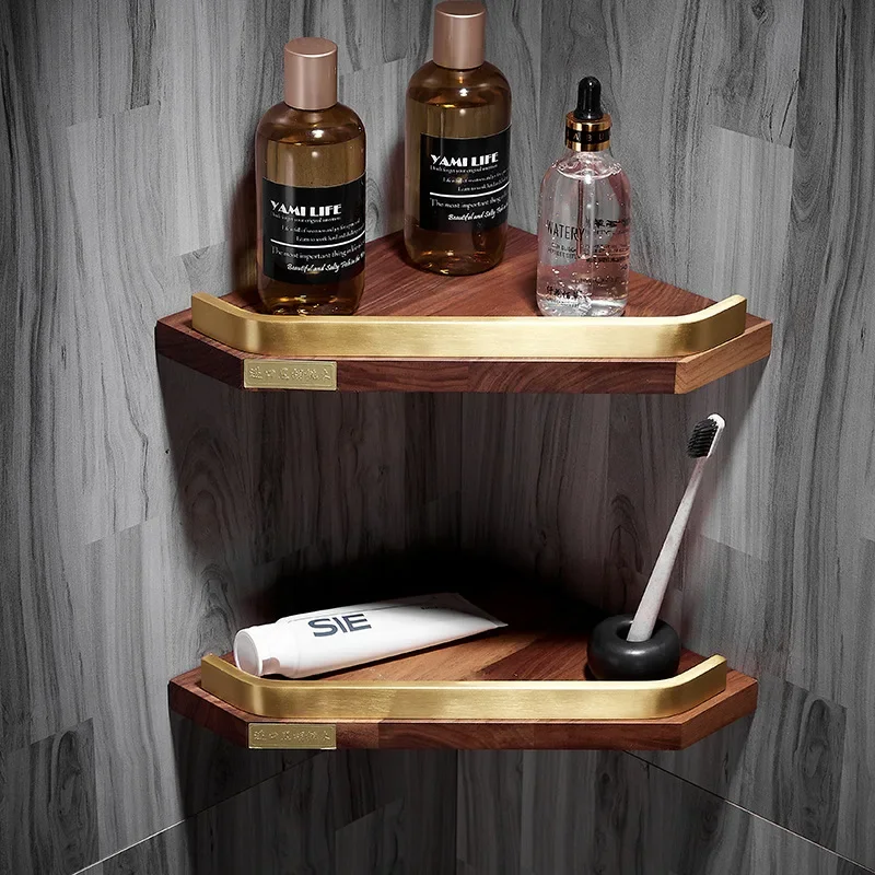 

Walnut Brushed Gold Bathroom Shelf Bathroom Wall Mounted Corner Shelf Kitchen Spice Rack Triangle Shelf