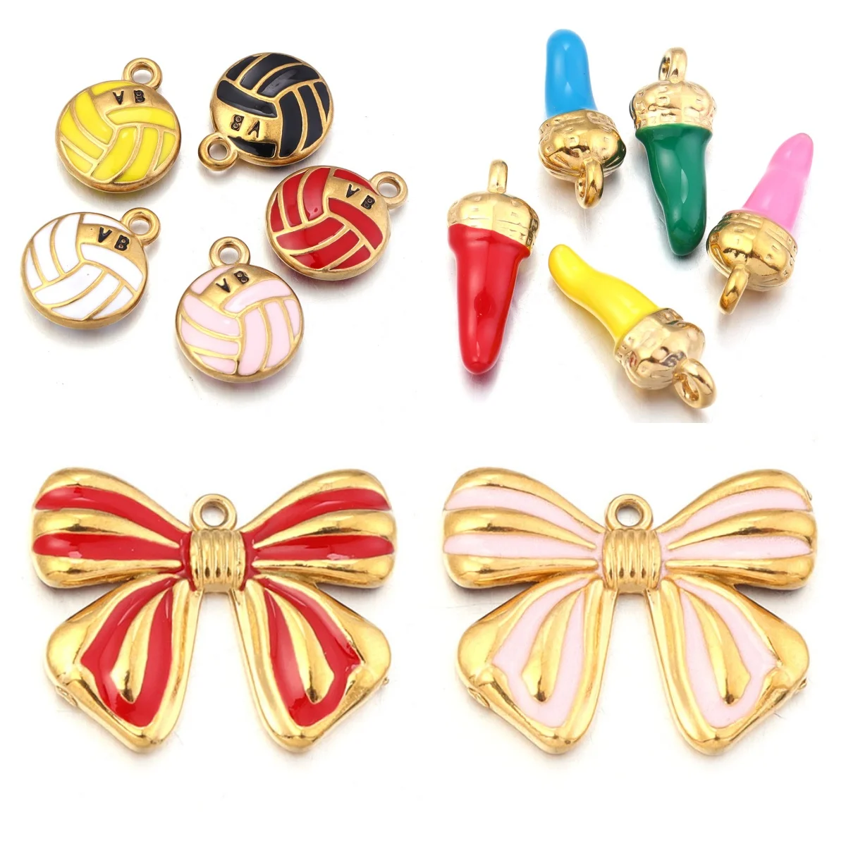 

2-4Pcs/Lot Cute Stainless Steel Enamel Chili Bowknot Volleyball DIY Necklace Pendant Women Chili Bracelet Charm Jewelry Supplies