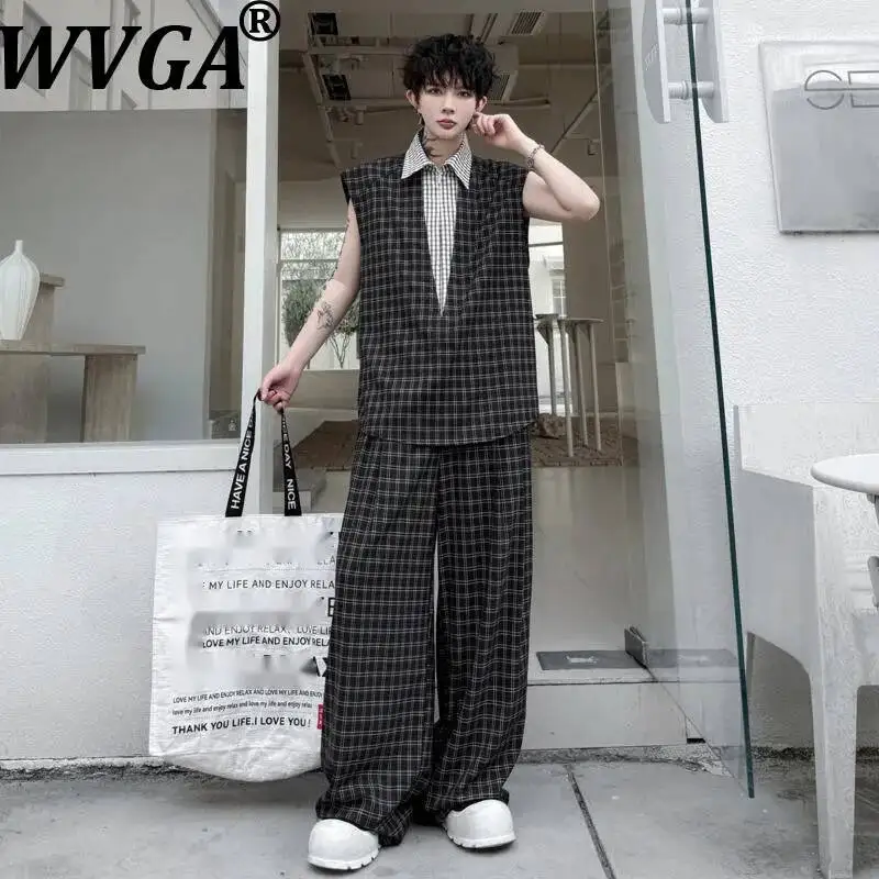 WVGA 2026 Summer New Men's Plaid Color Block Fake Two Pieces Trendy Two Pieces Set Sleeveless Lapel Vest Casual Pants Ins W24371