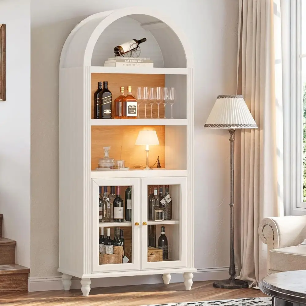

72-Inch White Grain Arched Bar Cabinet with Storage