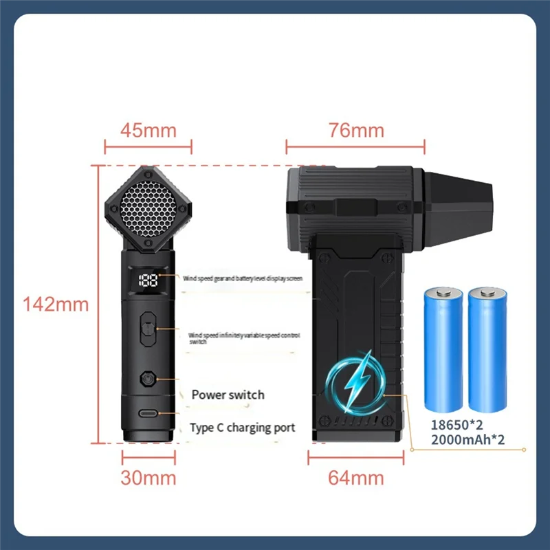 A66Z Display a LED e luce 130, 000 giri/min Turbo Ventilatore Spolverino ad aria compressa-Spolverino elettrico per tastiera, PC, auto, casa