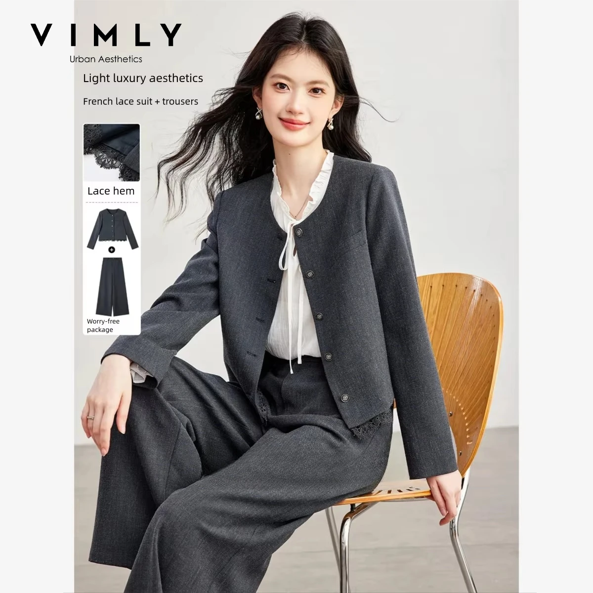 VIMLY Dark Gray Commuter Set for Women Lace Trim Blazer Straight Wide-leg Baggy Pants Two-piece Set 2026 Matching Outfit A7308
