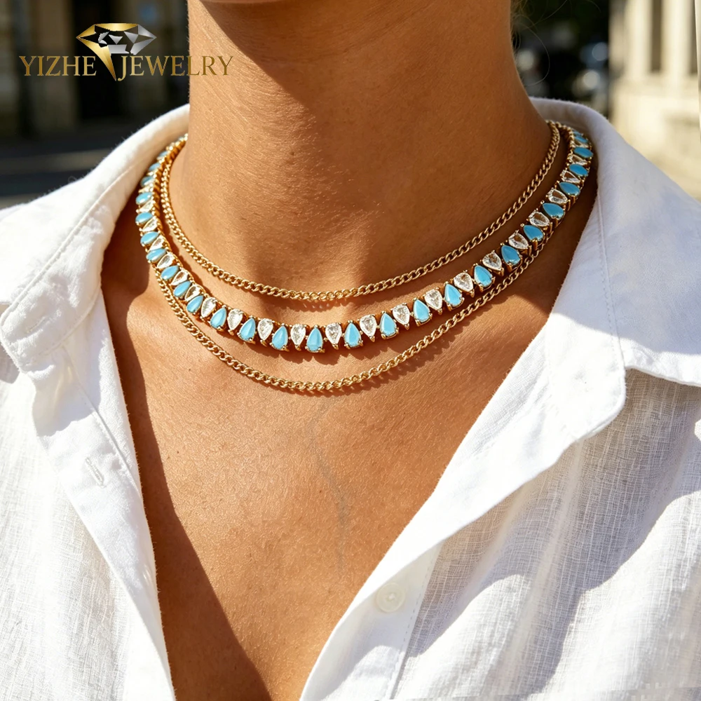 2026 Water Drop Shape Blue Turquoise Cubic Zirconia Necklace Bracelet Women Fashion Geometry Jewelry