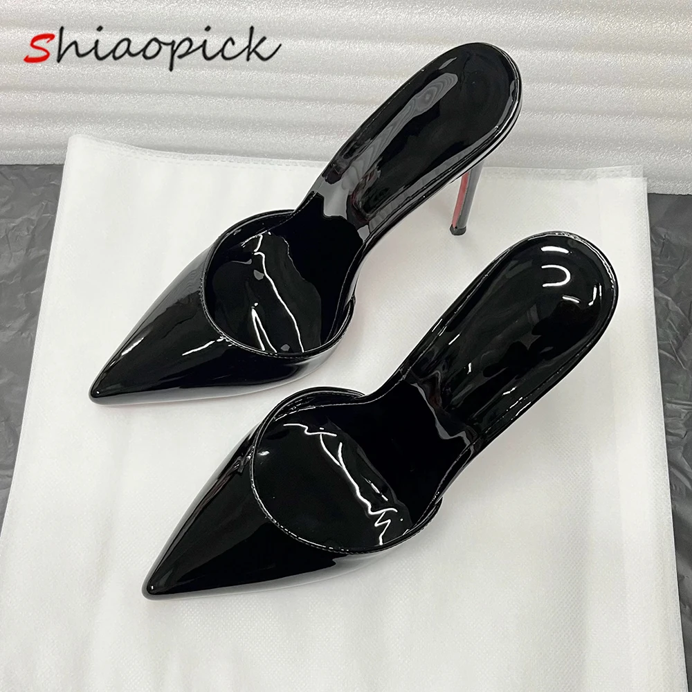 

Модные тапочки, новые большие размеры 45 46, женские туфли-лодочки 12 см, блестящие черные сандалии на шпильке, блестящие черные сандалии на высоком каблуке с острым носком, свадебные туфли OL