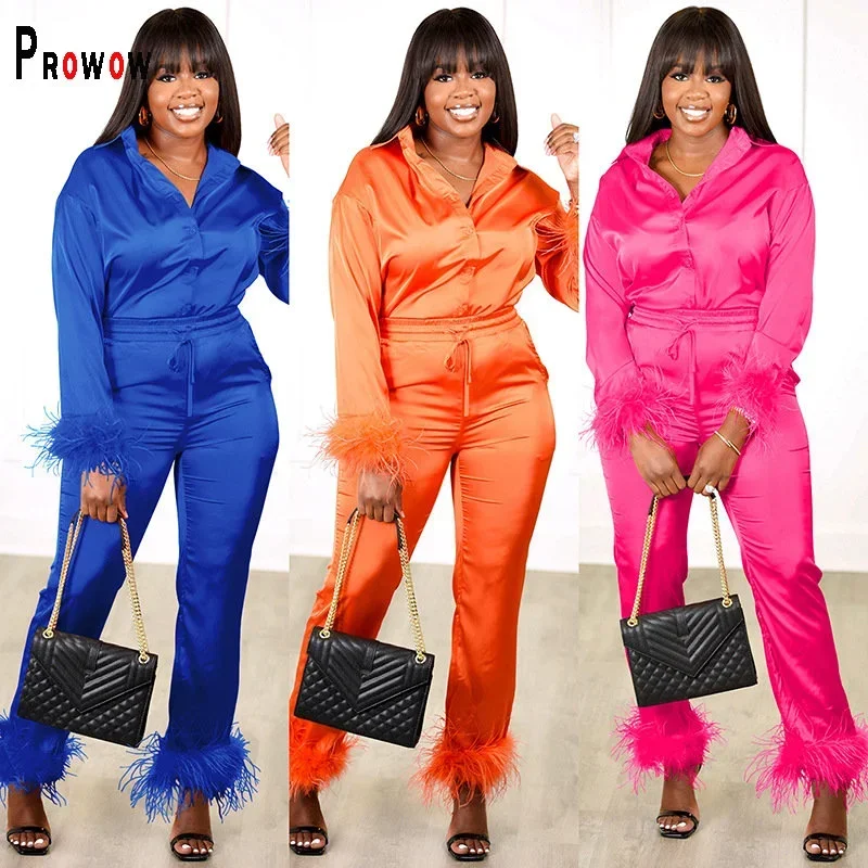 Prowow Fashion Two Piece Clothing Set Solid Color Feather Splicing Sleeve Blouses Pant Women Matching Suit Office Lady Outfits