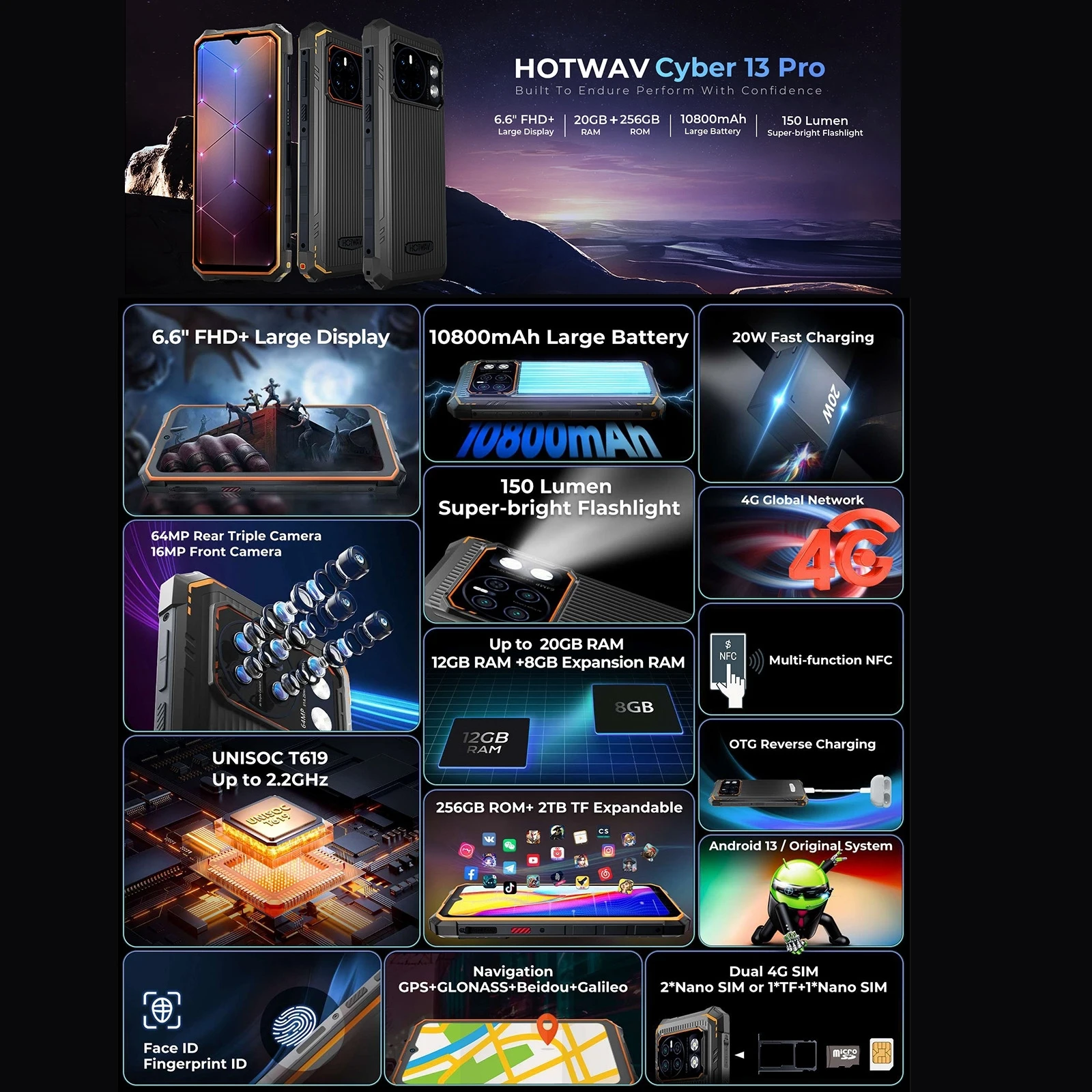 HOTWAV Cyber 13 Pro Android 13 Rugged12GB + 256GB IP68/IP69K 6,6 ''FHD + 2K 10800mAh 64MP Cámara UNISOC T619 4G NFC Teléfono móvil