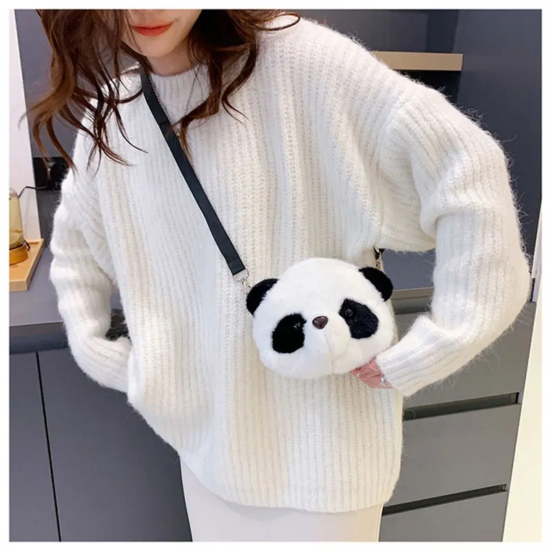 Women Plush Panda Crossbody Bag Female Warm Fluffy Messenger Bag Mobile Phone Pouch Ladies Shopping Travel Tote Purse