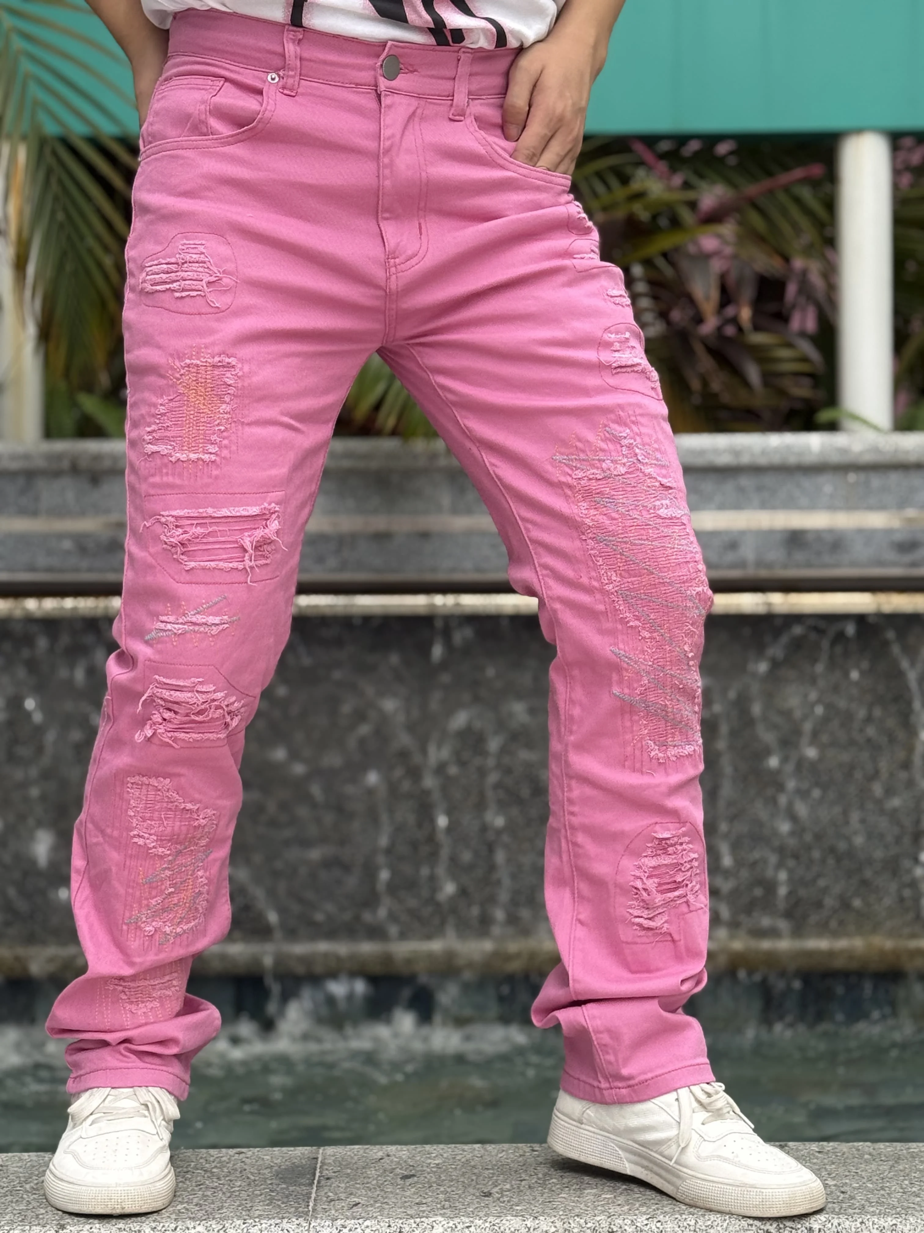 

Fashion Men's Denim Pants Collection Embroidery Breathable and Comfortable Suitable for All Seasons Tough and Bold Pink