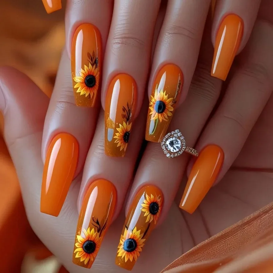 

24Pcs Glitter Orange Sunflower Ballet Nails,Sparkle Acrylic,Seamless Fit,Easy Remove,For Christmas New Year Party, Free Shipping