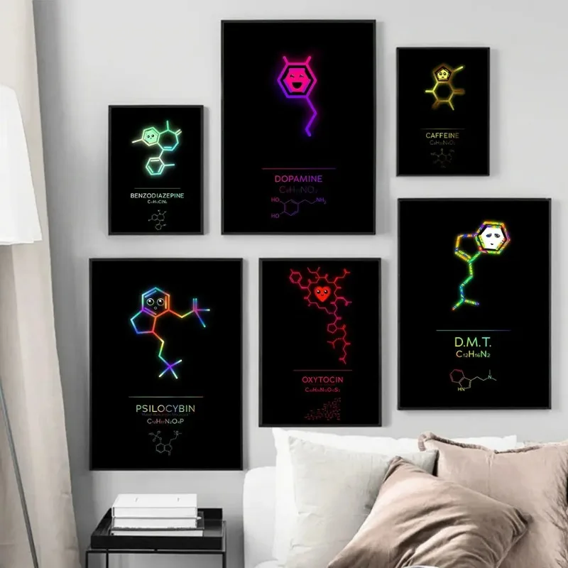 Funny Neon Chemical Caffeine Oxytocin Dopamine Line Drawing Posters Prints Canvas Painting Wall Art Pictures For Room Home Decor